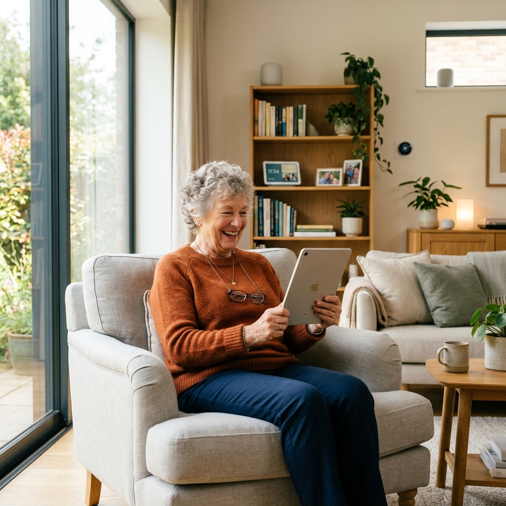 Glückliche Person nutzt ein Tablet in einem modernen, sonnigen Wohnzimmer