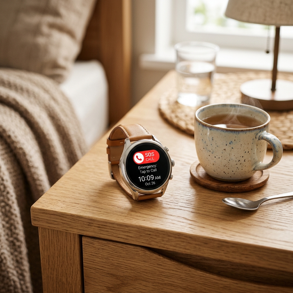 Moderne Smartwatch mit Notruf-Funktion auf einem Tisch liegend